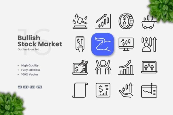 Bullish Stock Market Outline Icons: Clean Vector Assets for Modern Design
