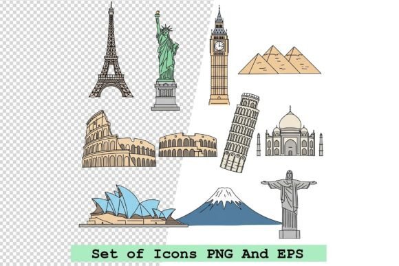 Set of Landmark Icons in Hand Drawn Style