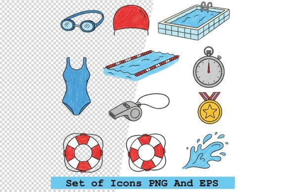 Set of Swimming Icons in Hand Drawn