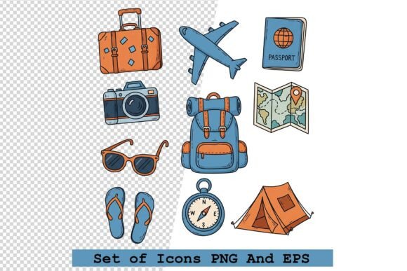 Set of Travel Icons in Hand Drawn Blue: Building a Cohesive Visual Language for Travel Projects