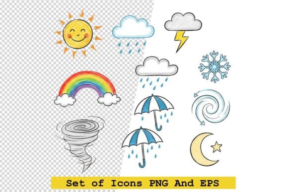 Set of Weather Icons in Hand Drawn Dood
